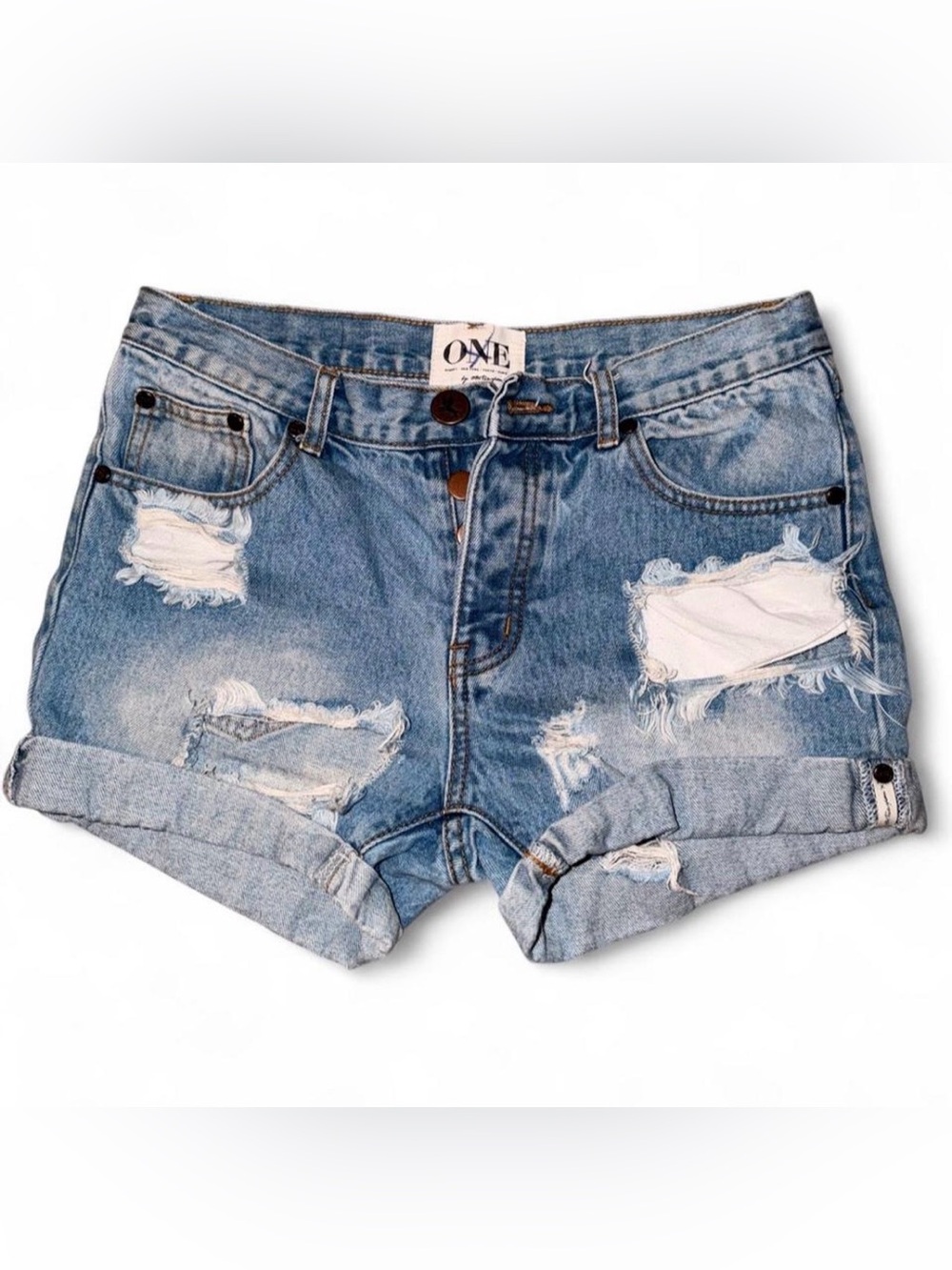 One Teaspoon ultra distressed light wash blue denim shorts size 25 button fly